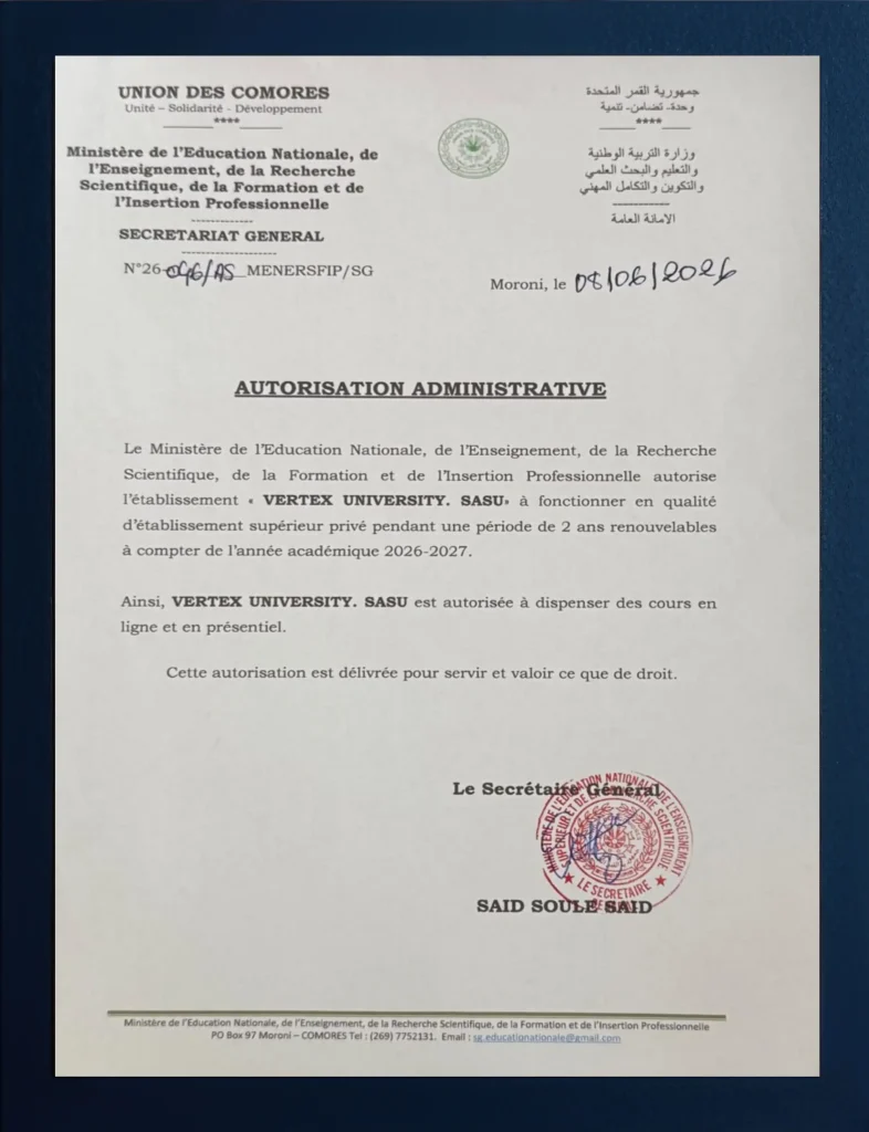 اعتماد جامعة فيرتكس الدولية من وزارة التربية الوطنية والتعليم والبحث العلمي والتكوين والإدماج المهني في اتحاد جزر القمر
